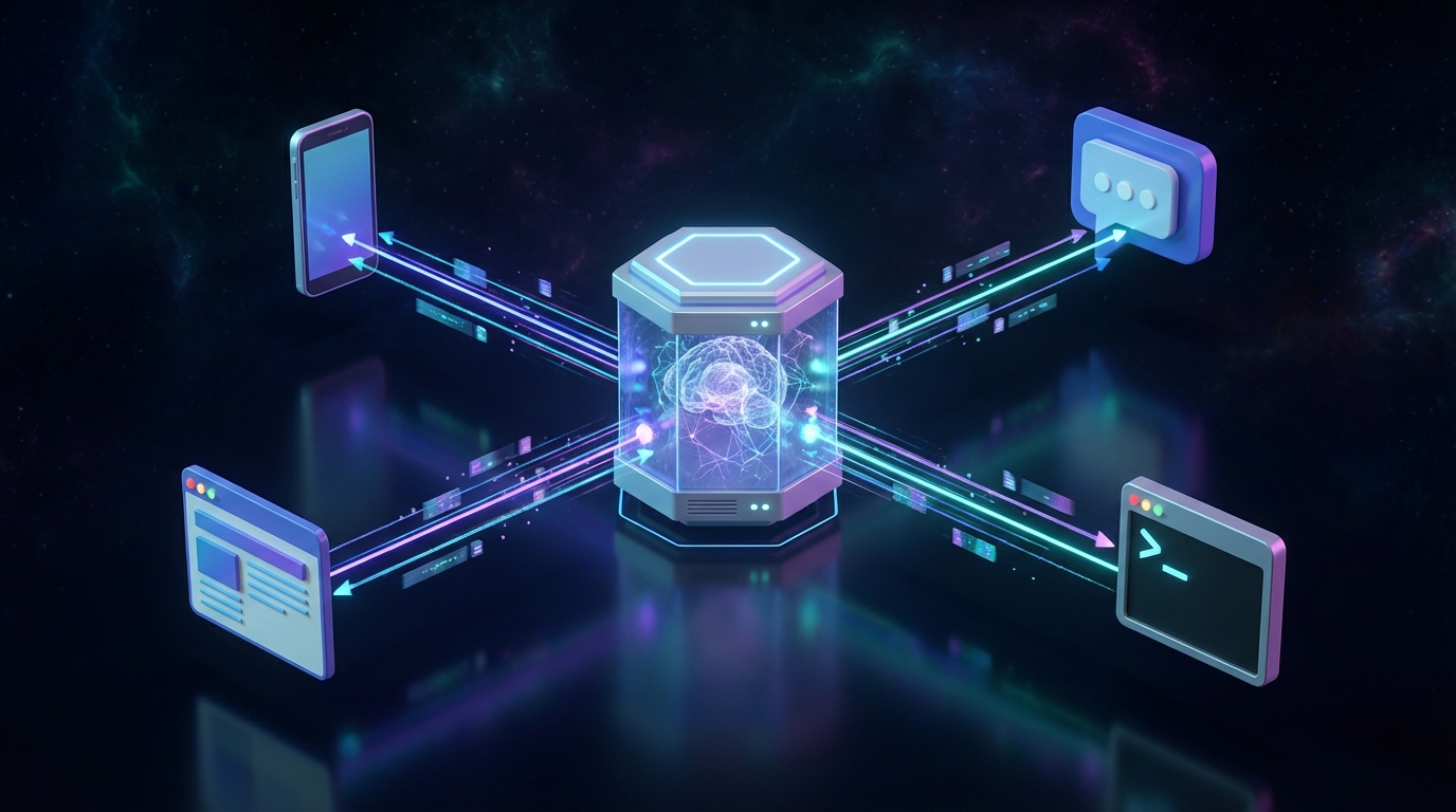 REST API architecture — central server hexagon connected to mobile, web, chat and terminal clients