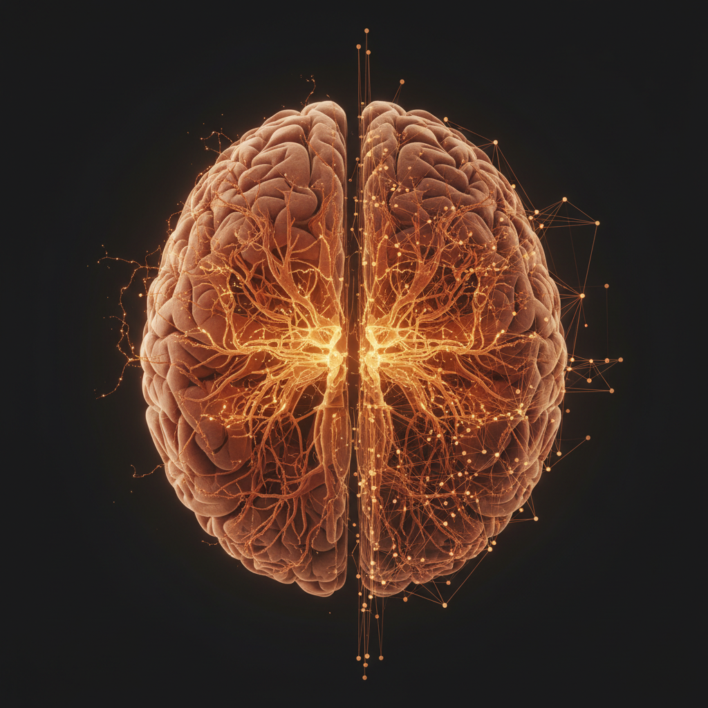Diagram showing AI memory model connected to documents and Slack, inspired by human brain neural pathways