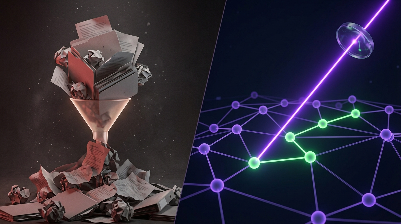 Comparison diagram — standard RAG stuffing documents into a funnel vs CortexBrain selecting precise knowledge nodes