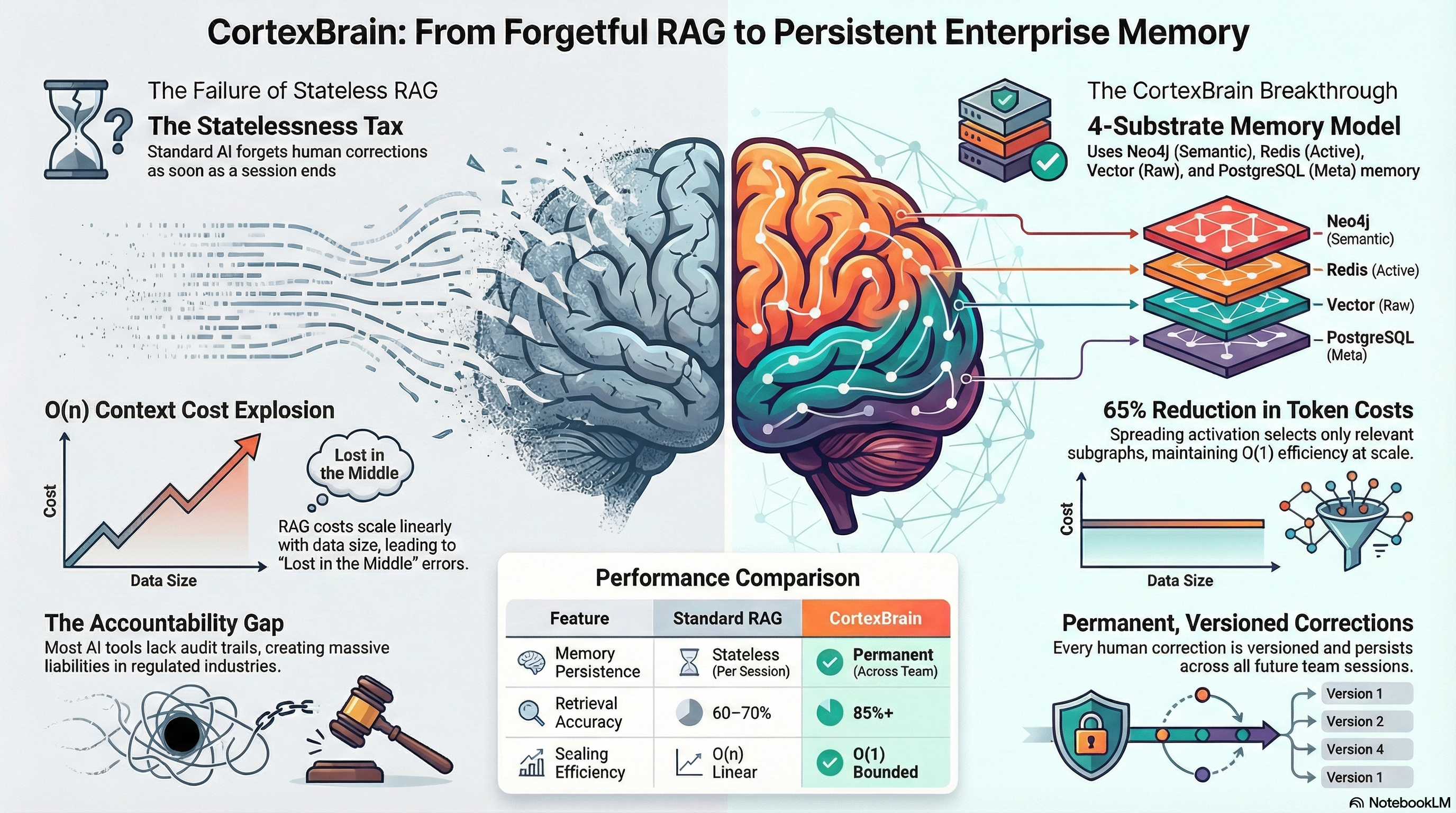 CortexBrain system architecture infographic showing the four memory substrates and query pipeline