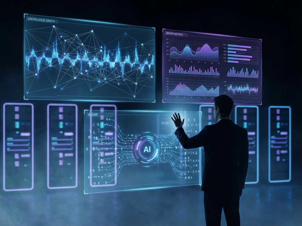 DevOps command center with holographic screens showing knowledge graph and AI chat interface